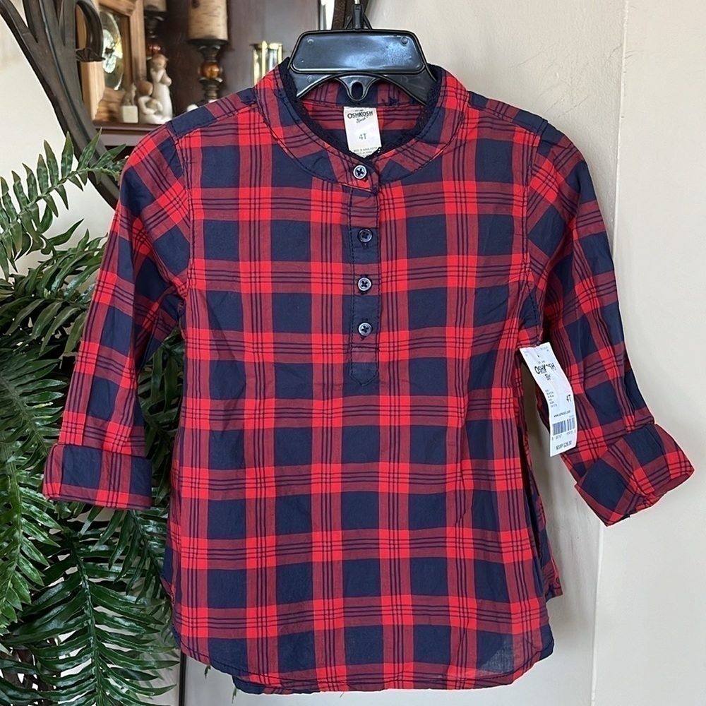 Brand New OshKosh B’Gosh Red & Navy Blue Plaid Shirt Button Up Cotton Blouse - Picture 10 of 10